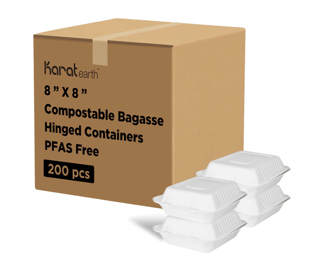 8''x 8'' PFAS Free Compostable Bagasse Hinged Containers, White - 200 pcs