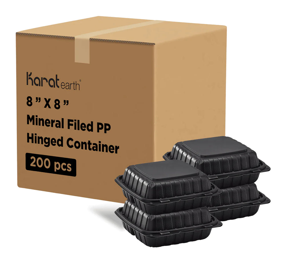 8" x 8" Mineral Filled PP Hinged Container, 3 compartment, Black - 200 pcs