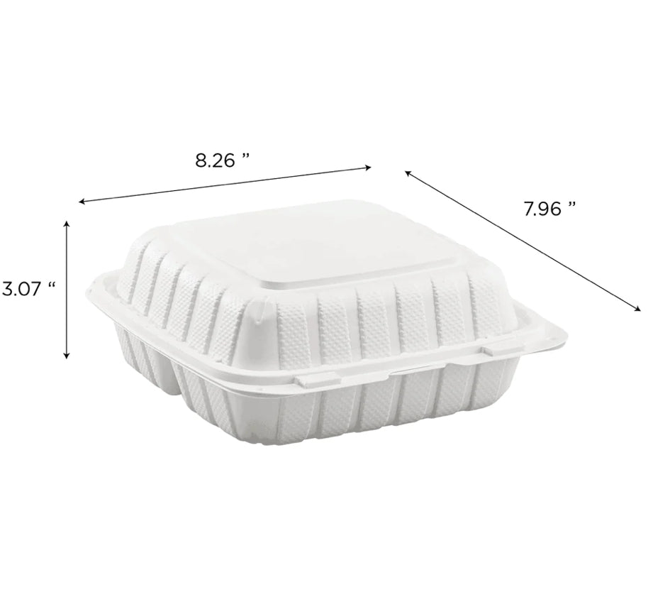 8" x 8" Mineral Filled PP Hinged Container, 3 compartment, White - 200 pcs