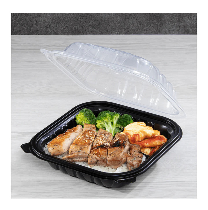 Hinged Container 8"x 8" (3 Compartment) Premium PP, Blk w/Clear Top - 150 pcs