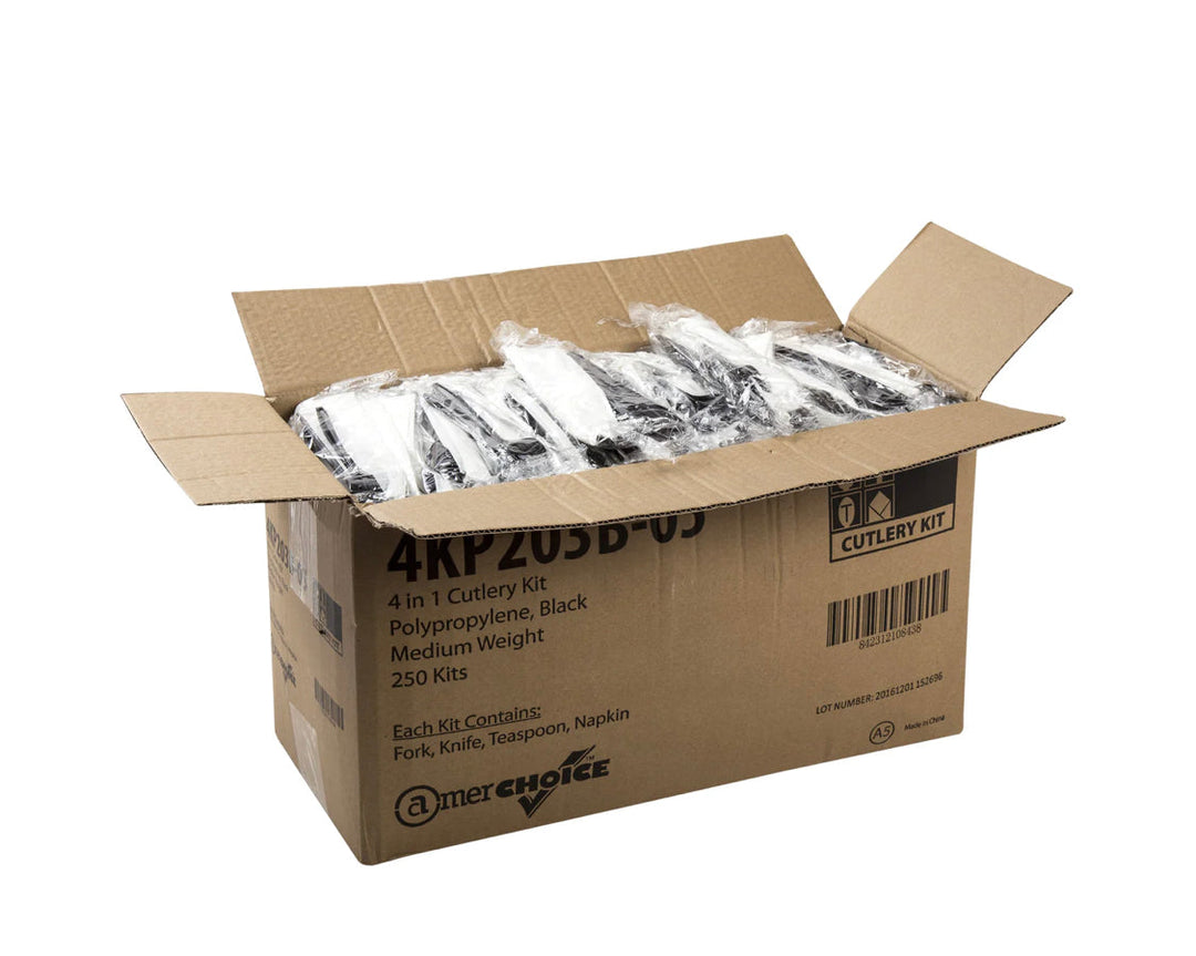 Cutlery Kit, PP, 4 Piece Black Medium Weight (F,K,S,Nap), 250 Kits