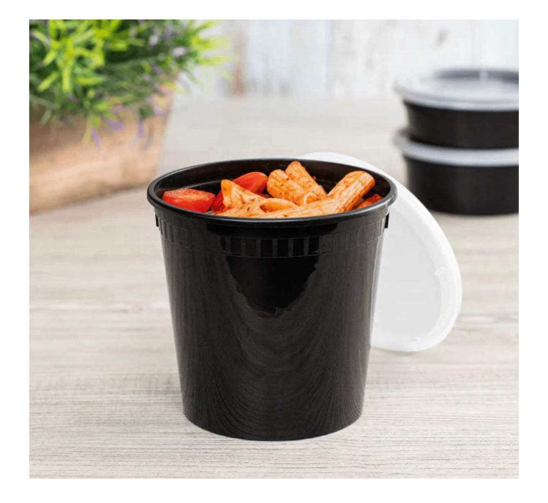 24oz PP Black Plastic Injection Molded Deli Containers & Clear Lids (117mm) - 240 sets