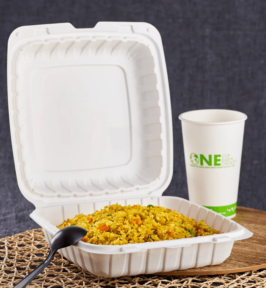 9" x 9" Mineral Filled PP Hinged Container, 1 compartment, White - 120 pcs