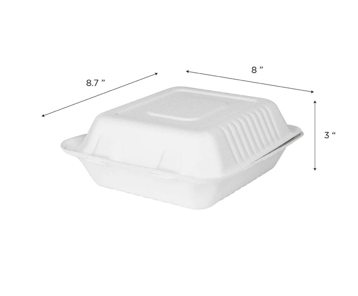 8''x 8'' PFAS Free Compostable Bagasse Hinged Containers, White - 200 pcs