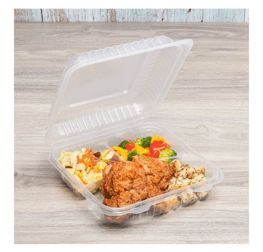 Hinged Container, 9'' x 9" PP Plastic, 3 Compartments, Clear - 200 pcs