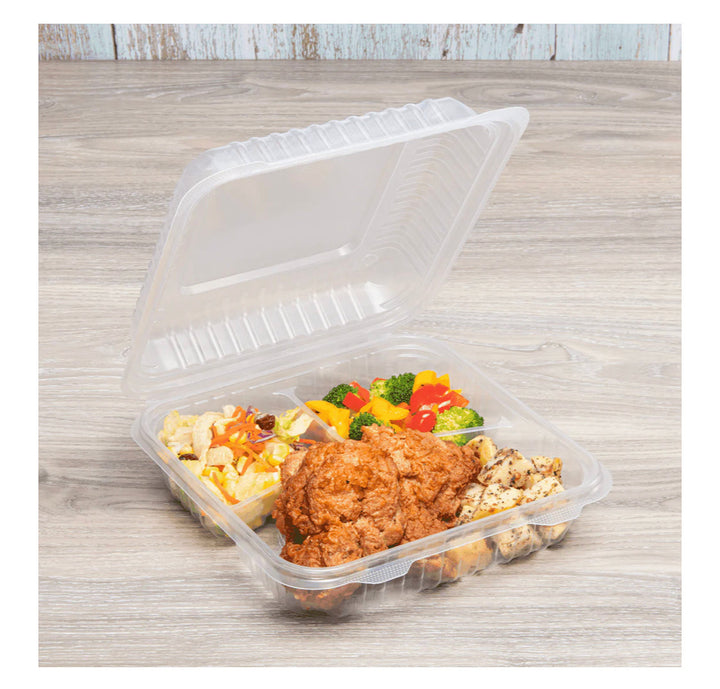 Hinged Container, 9'' x 9" PP Plastic, 3 Compartments, Clear - 200 pcs