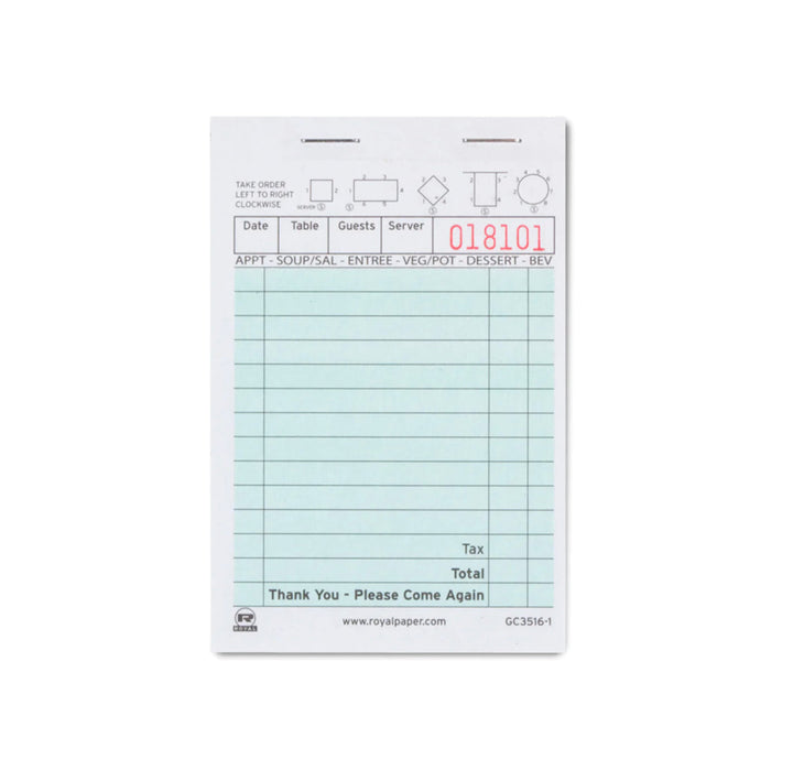 Guest Check, 17 Lines, Green, 2 Ply Carbonless, Lightweight, 1 Part Booked, 50/50