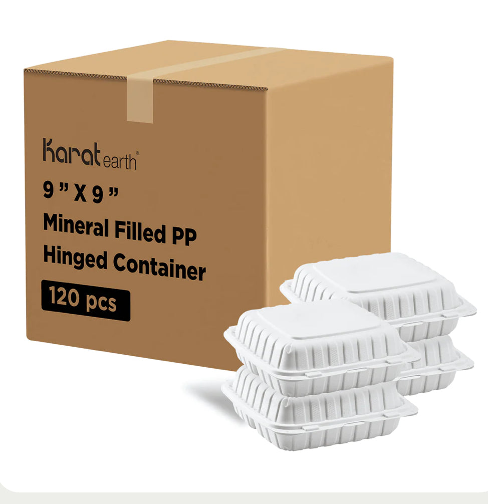 9" x 9" Mineral Filled PP Hinged Container, 3 compartment, White - 120 pcs