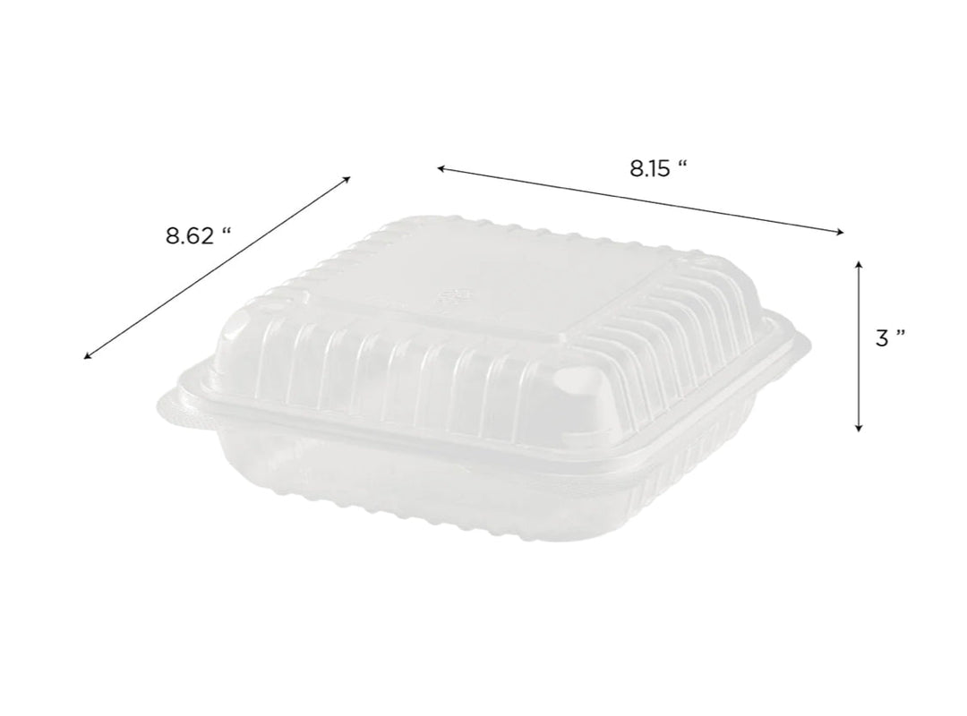 Hinged Container, 8'' x 8" PP Plastic, 3 Compartment, Clear - 250 pcs