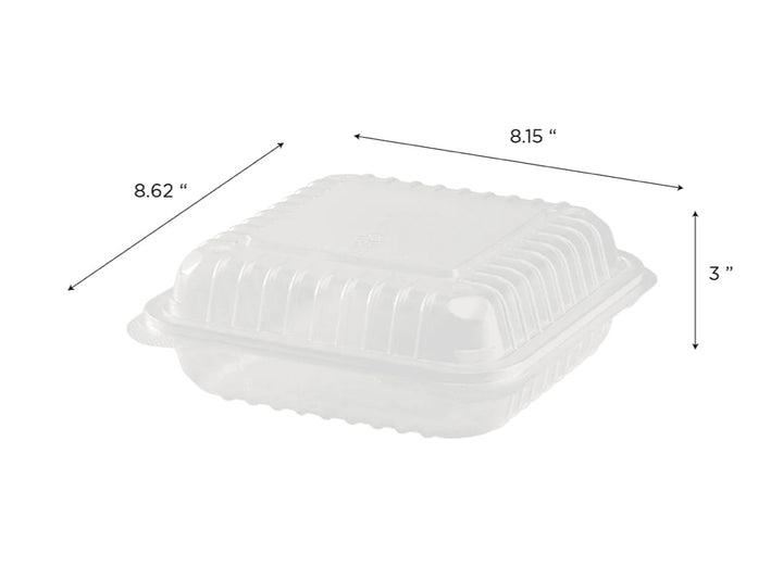 Hinged Container, 8'' x 8" PP Plastic, 3 Compartment, Clear - 250 pcs