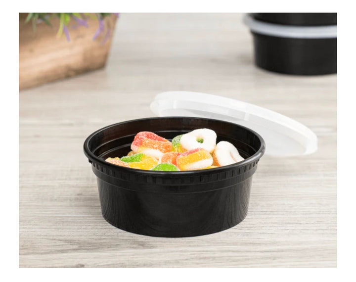 8oz PP Black Plastic Injection Molded Deli Containers & Clear Lids (117mm) - 240 sets