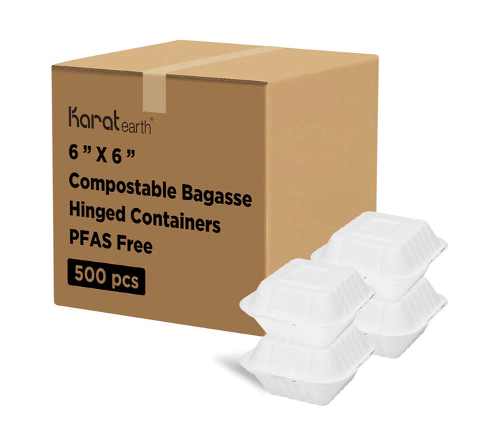 6''x 6'' PFAS Free Compostable Bagasse Hinged Containers, White - 500 pcs
