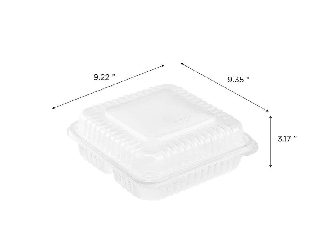 Hinged Container, 9'' x 9" PP Plastic, 3 Compartments, Clear - 200 pcs